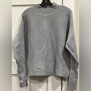 NWT Belldini Embellished Mock Neck Ribbed Dolman Sweater Heather Grey - Size L